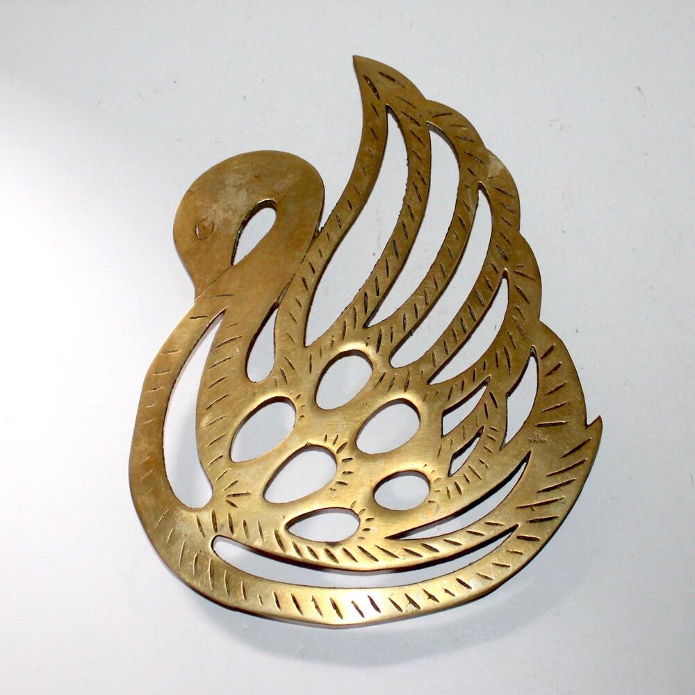 Vintage Brass Swan Trivet 9” footed MCM Kitchen Home Decor